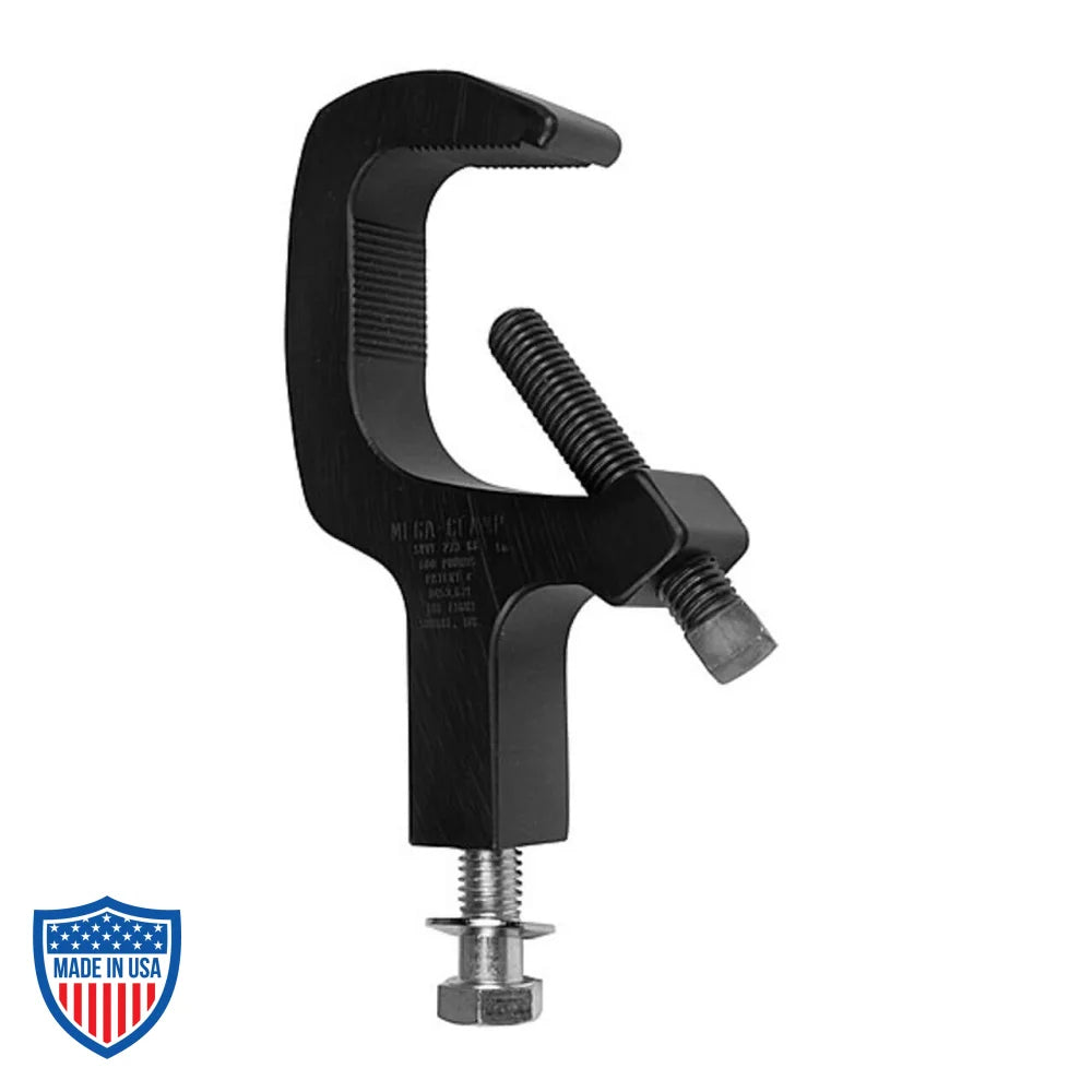 Mega-Clamp theatrical lighting c clamp made of high tensile aircraft grade aluminum for film grip and rigging applications.