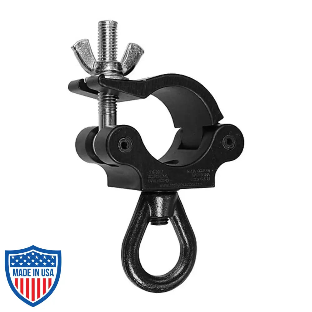 Mega-Coupler with Eye Nut for film rigging, black steel clamp with a swiveling eye nut for secure pipe or truss connections.