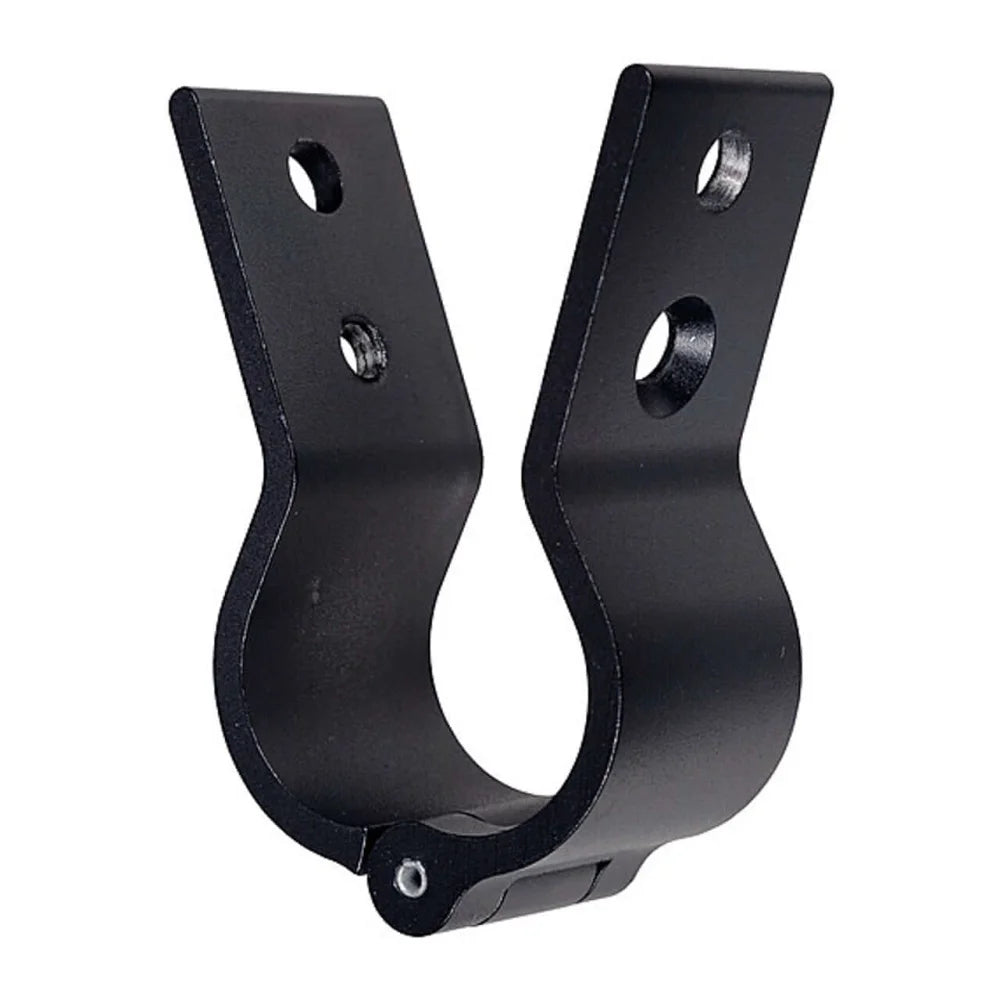 Mega-Folding Batten Clamp for film grip rigging, black, designed for 1-1/2" pipe with tight compression fit and hinged fastening.