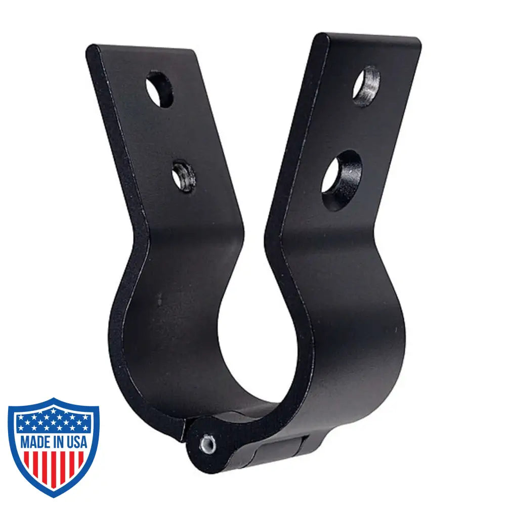 Mega-Folding Batten Clamp for film grip rigging, black, designed for 1-1/2" pipe with tight compression fit and hinged fastening.