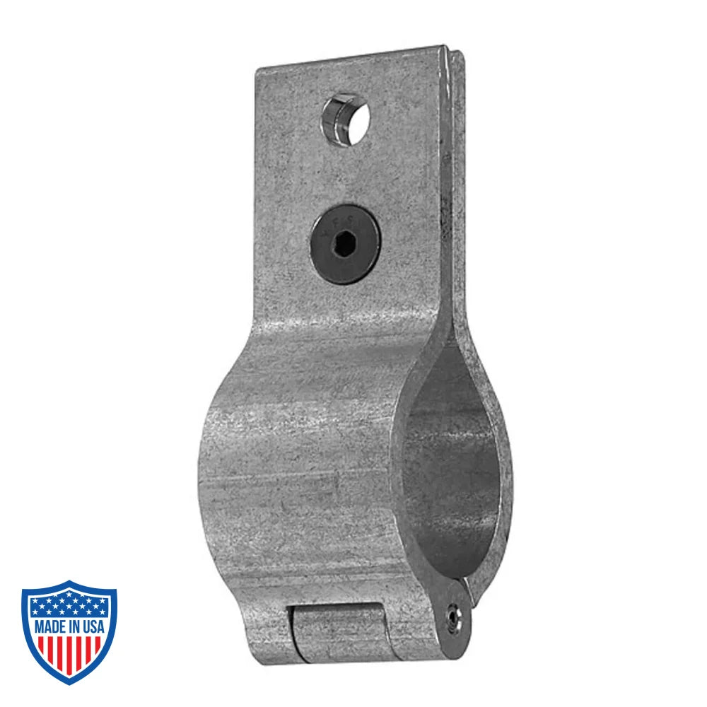 Mega-Folding Batten Clamp for secure 1-1/2" pipe rigging in film grips, with single socket screw and compatible with shackle pin attachments.