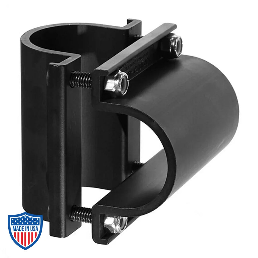 Mega-Gridlock film grip rigging device for joining overlapping pipes in studios and theaters, with side grooves and bolts for secure installation