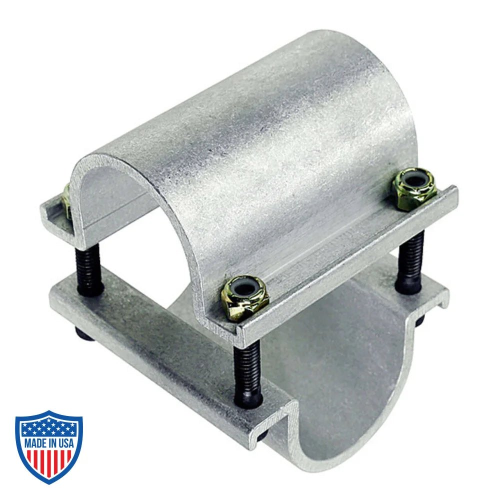 Mega-Gridlock pipe joint clamp for film grip rigging in studios and theaters, securely fastens overlapping pipes at a 90-degree angle.