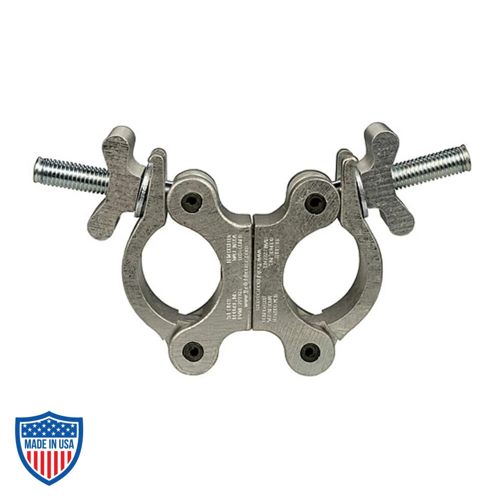 Mega-Slim Swivel Coupler for film and grip rigging tasks, lightweight and easy to fasten, fitting pipe diameters from 1.66 OD to 2.050 OD.