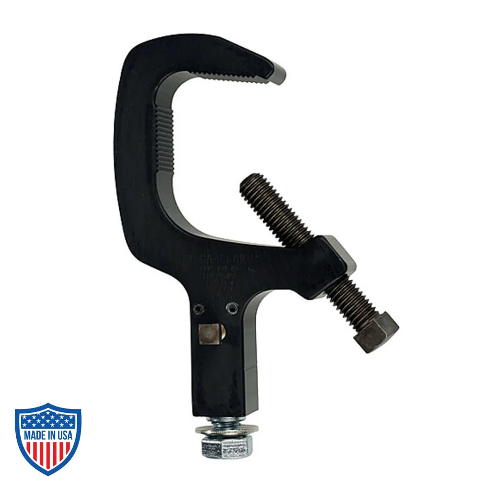 Mega-Swivel Clamp, pan locking bolt style theatrical C-Clamp for film grip rigging, with half" fasteners and 550 lb load capacity