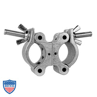 Mega-Swivel Coupler for film rigging, compatible with 1-1/4" pipe to 2.050" OD truss tube, featuring wide wing nuts and optional fixed coupler lock.
