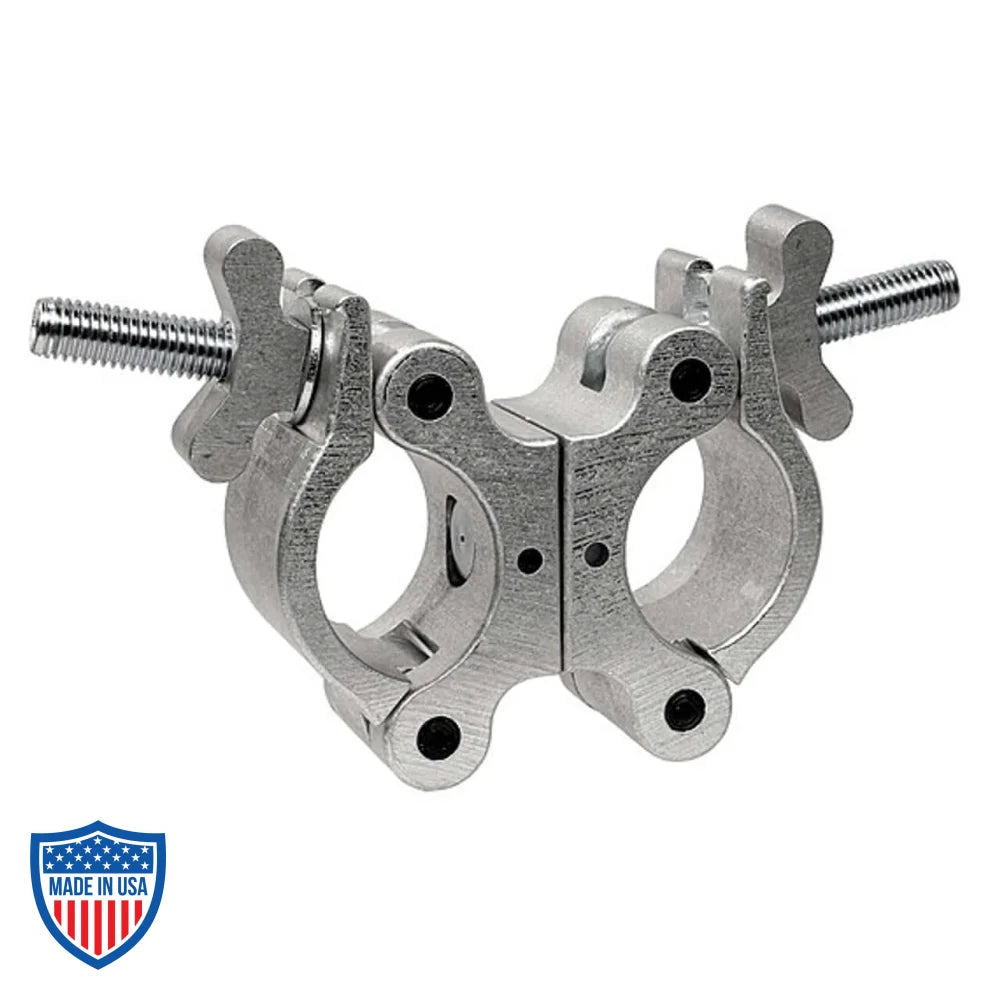 Mega-Swivel Coupler for film grip and rigging, designed to fasten 1-1/4" to 2.050" pipes, with wide wing nuts and optional fixed coupler lock.