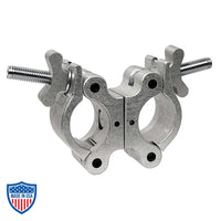 Mega-Swivel Coupler for film grip and rigging, designed to fasten 1-1/4" to 2.050" pipes, with wide wing nuts and optional fixed coupler lock.
