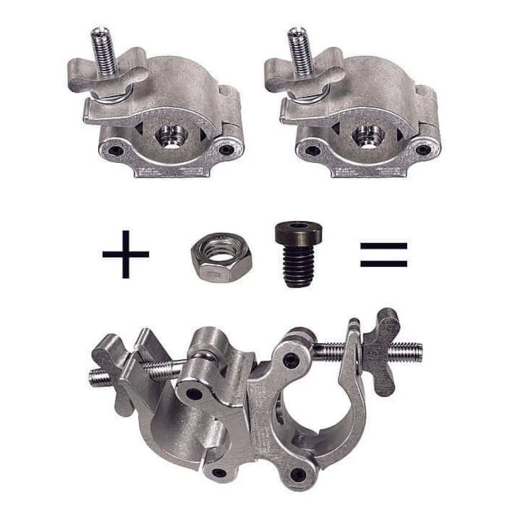Mega-Swivel Coupler-XL components including standard couplers, special hardware kit, assembled for film grip rigging.