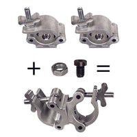 Mega-Swivel Coupler-XL components including standard couplers, special hardware kit, assembled for film grip rigging.