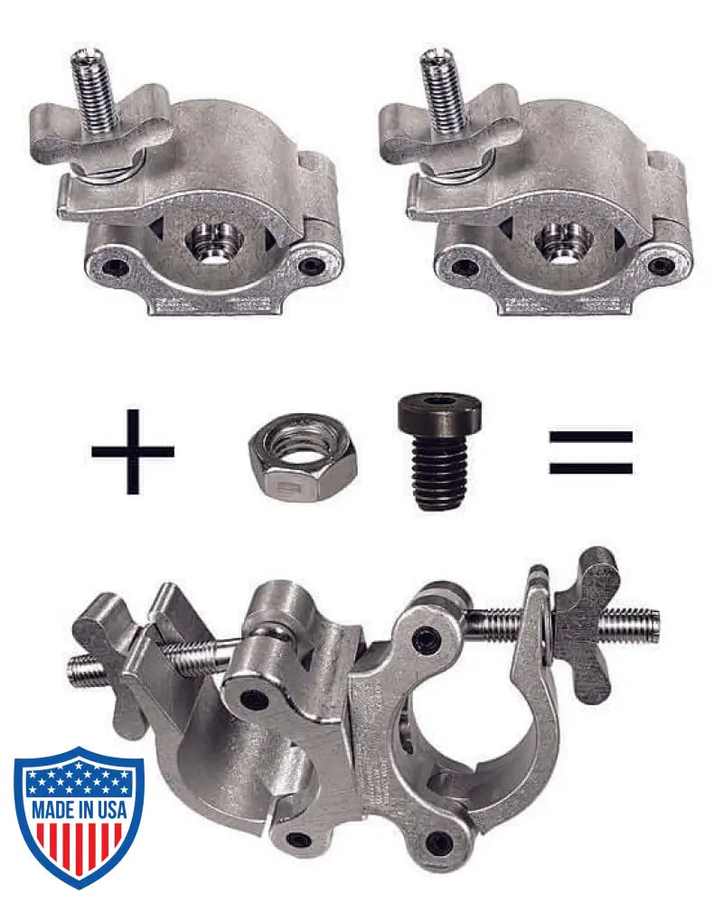 Mega-Swivel Coupler-XL components including standard couplers, special hardware kit, assembled for film grip rigging.