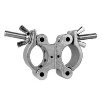 Mega-Swivel Coupler for film rigging, compatible with 1-1/4" pipe to 2.050" OD truss tube, featuring wide wing nuts and optional fixed coupler lock.
