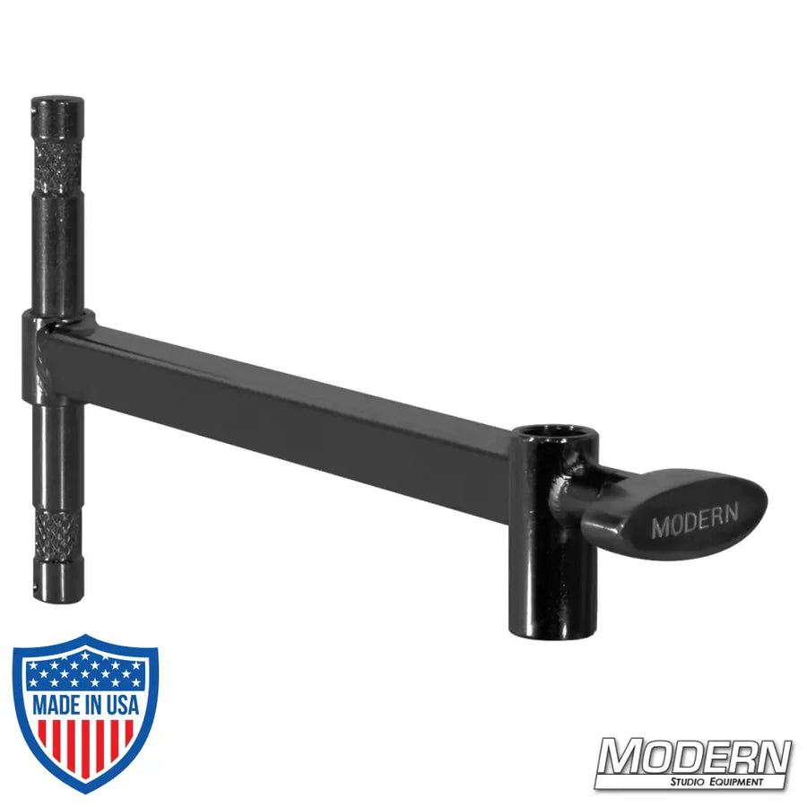 Mini Baby Offset Arm in black zinc finish, 7" with male 5/8" pin and female receiver for film grip rigging.