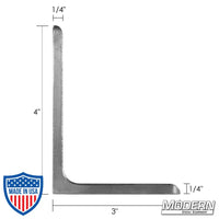 Brushed aluminum Mini Cheese L-Plate with dimensions, used for film grip and rigging, 4" long leg, 3" short leg, 1/4" thick.