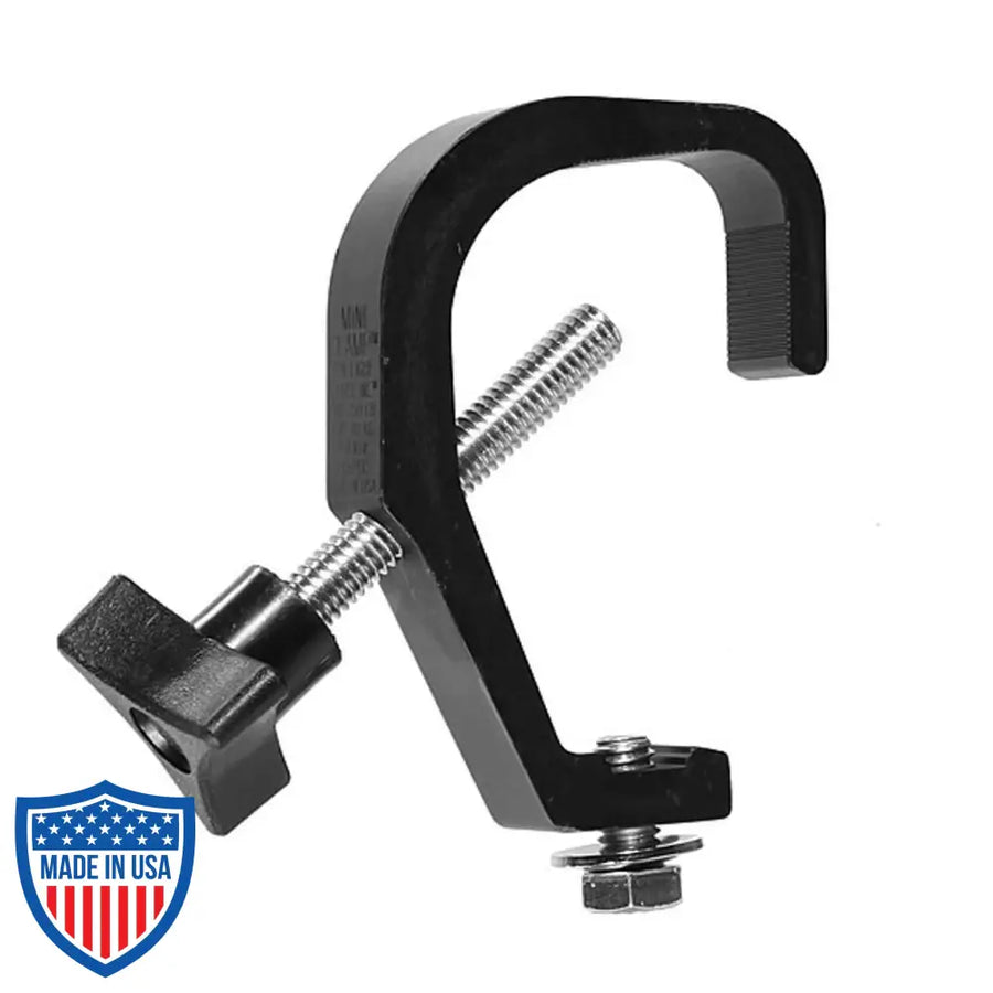 Mini-Clamp made of aircraft-grade aluminum for film grip and rigging, suitable for PAR 38’s, Pin Spots, and small fixtures, with 150-pound SWL.