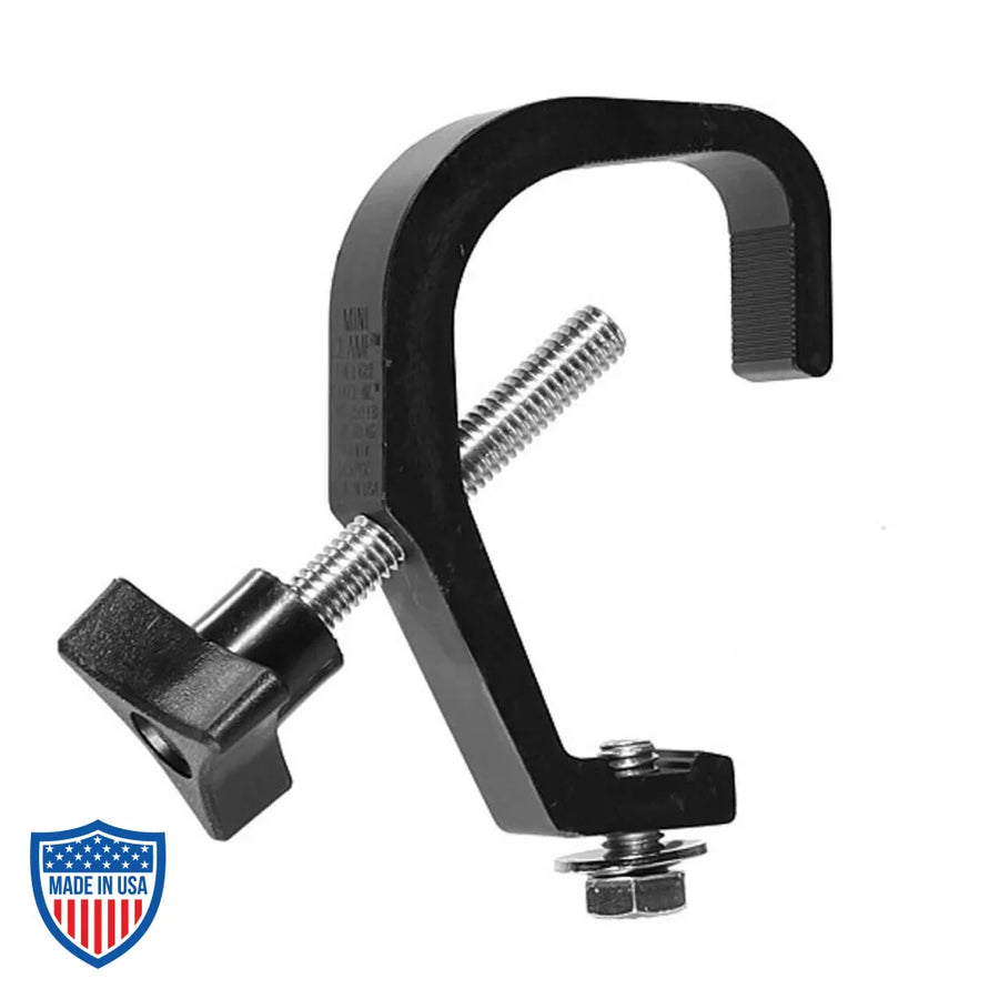 Mini-Clamp made of aircraft-grade aluminum for film grip and rigging, suitable for PAR 38’s, Pin Spots, and small fixtures, with 150-pound SWL.