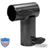 Black zinc Mini Corner with T-Handles for 1-1/2" Speed-Rail®, used in film grip rigging for creating 90° frame corners.