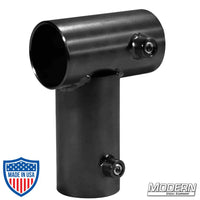 Black zinc Mini Corner for 1-1/2-inch Speed-Rail® with set screws, used for film grip rigging to create a 90° corner on aluminum frames.