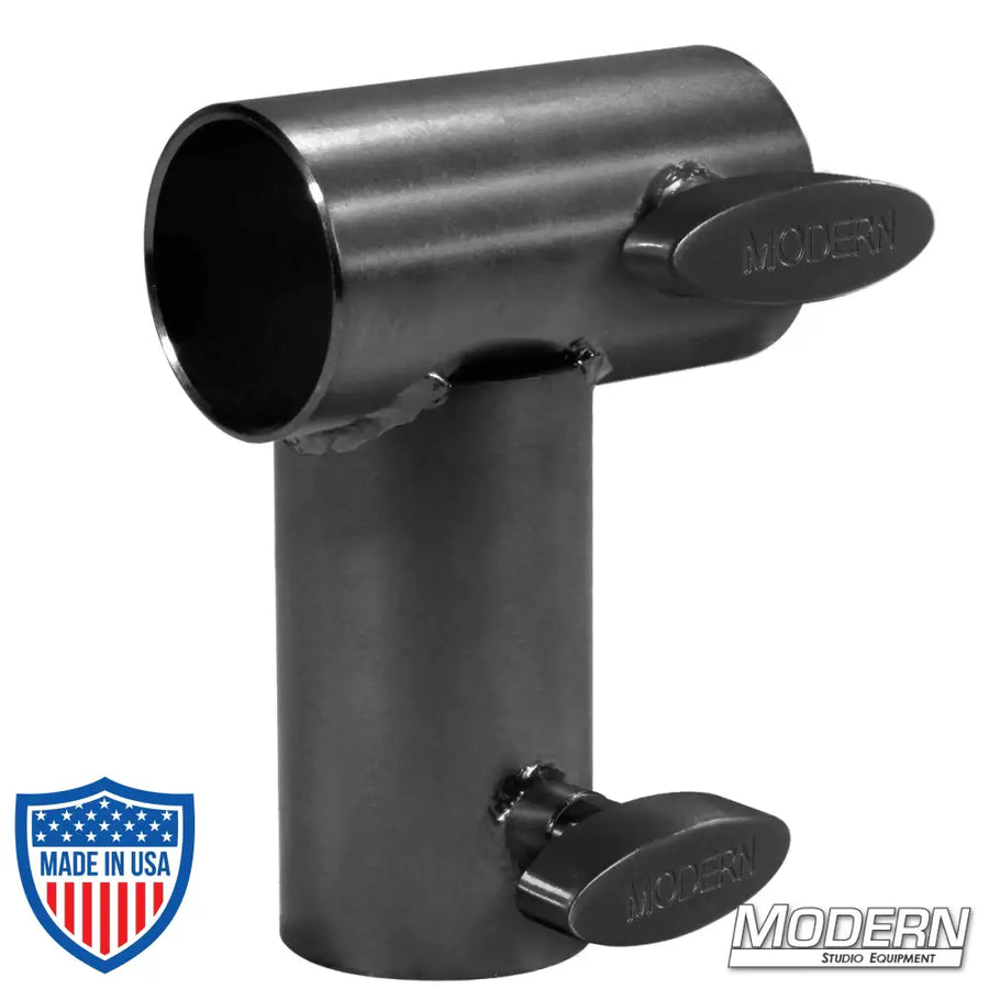 Right-angle black zinc mini corner fitting with T-handles for film rigging on 1-1/2" Speed-Rail® frame, welded for 90° pass-through.