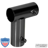 Black zinc Mini Corner fitting with set screws for 1-1/4-inch Speed-Rail® for rigging film grip equipment.