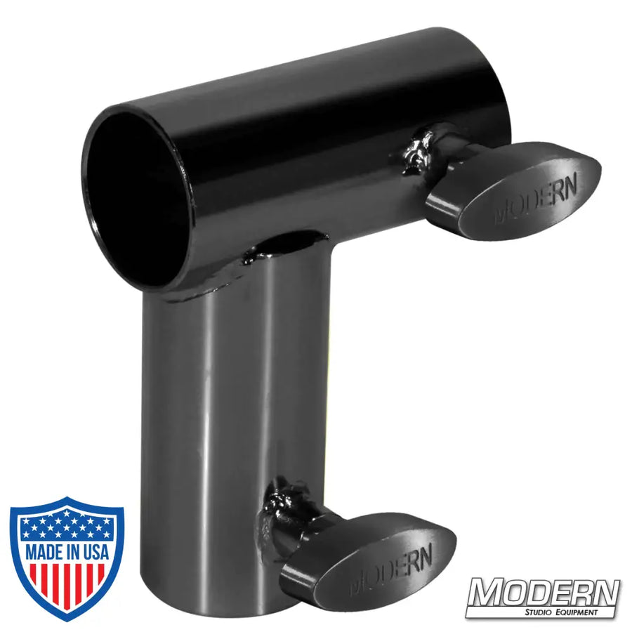 Black zinc Mini Corner for 1-1/4-inch Speed-Rail® with T-Handles for film grip rigging – welded fitting for 90º corner connections.
