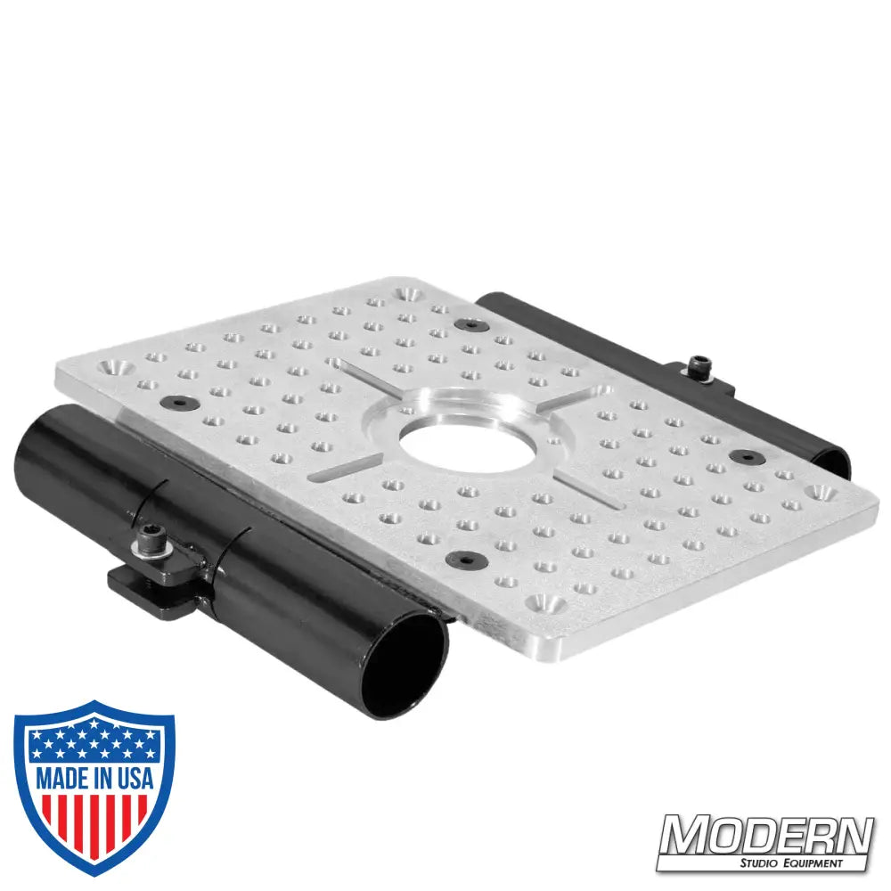 Mitchell cheese plate with 1-1/2-inch slider brackets for film rigging and grip, black zinc finish, and standard mitchell hole.