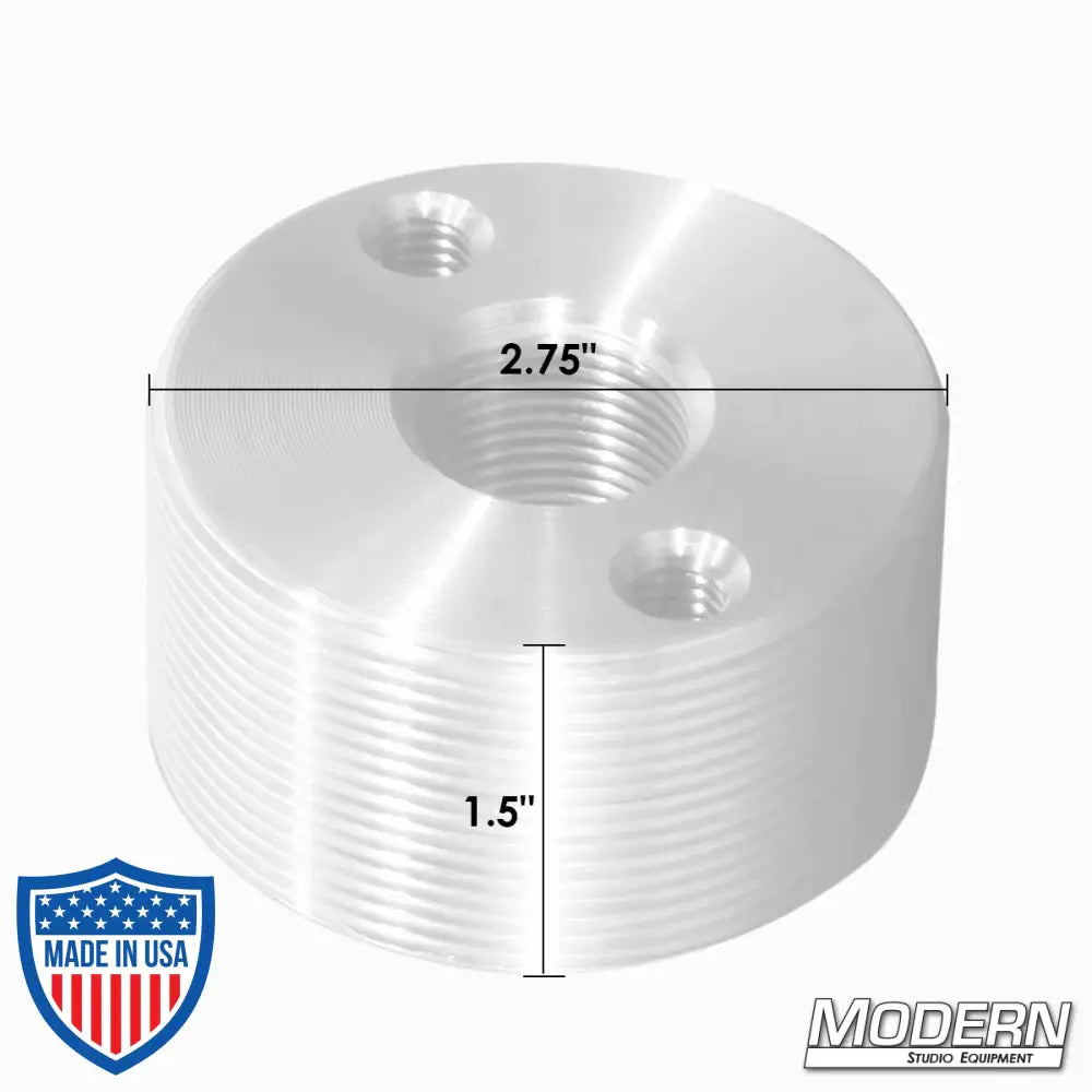 Mitchell thread aluminum industry standard for film grip and rigging, 1" center hole, dimensions 2.75" diameter, 1.5" height.