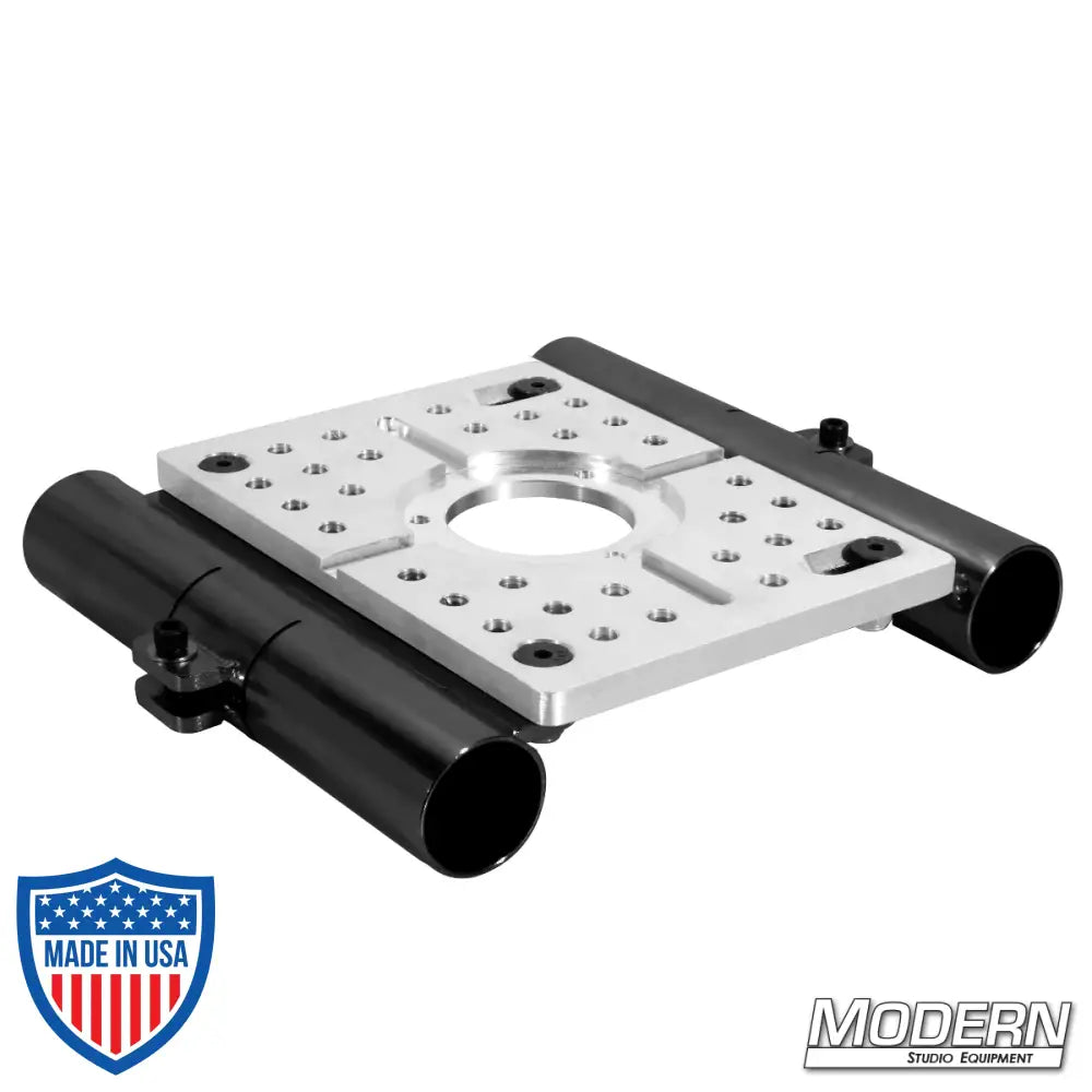 Mitchell Truss Plate with standard hole and two 1-1/2" slider brackets for film grip and rigging on Schedule 40 aluminum Speed-Rail.