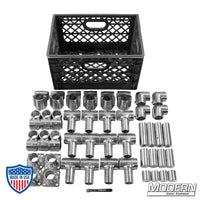 Speed-Rail® On-The-Go rigging kit with 4 elbow fittings, 6 short barrel crosses, 12 swivels, 4 floor flanges, and a low profile wrench in a milk crate.