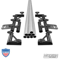 1" Speed-Rail® 12' x 20' Breakdown Frame with T-Handles for film grip rigging, showing 6' aluminum pipes, corners, sliding ears, and sleeves.