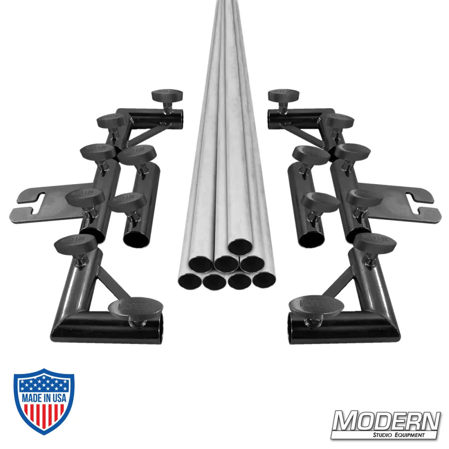 8' x 8' breakdown frame with 1" Schedule 40 aluminum Speed-Rail®, corners, sliding ears, sleeves, and T-Handles for film grip rigging.