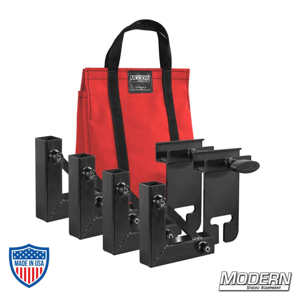 1" Square Stock Frame Kit for film grip and rigging with red carry bag and black square hardware