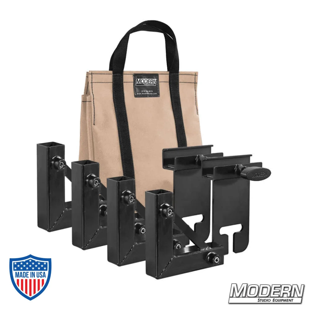 1" Square Stock Frame Kit for film grip and rigging with a set of black brackets and beige carrying bag.