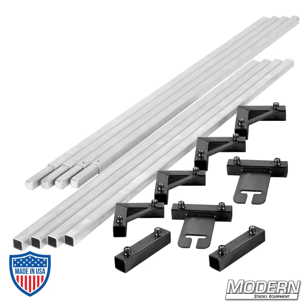 1" square aluminum tube breakdown frame for film rigging with 6' tubes, corners, sliding ears, and sleeves by Modern Studio Equipment