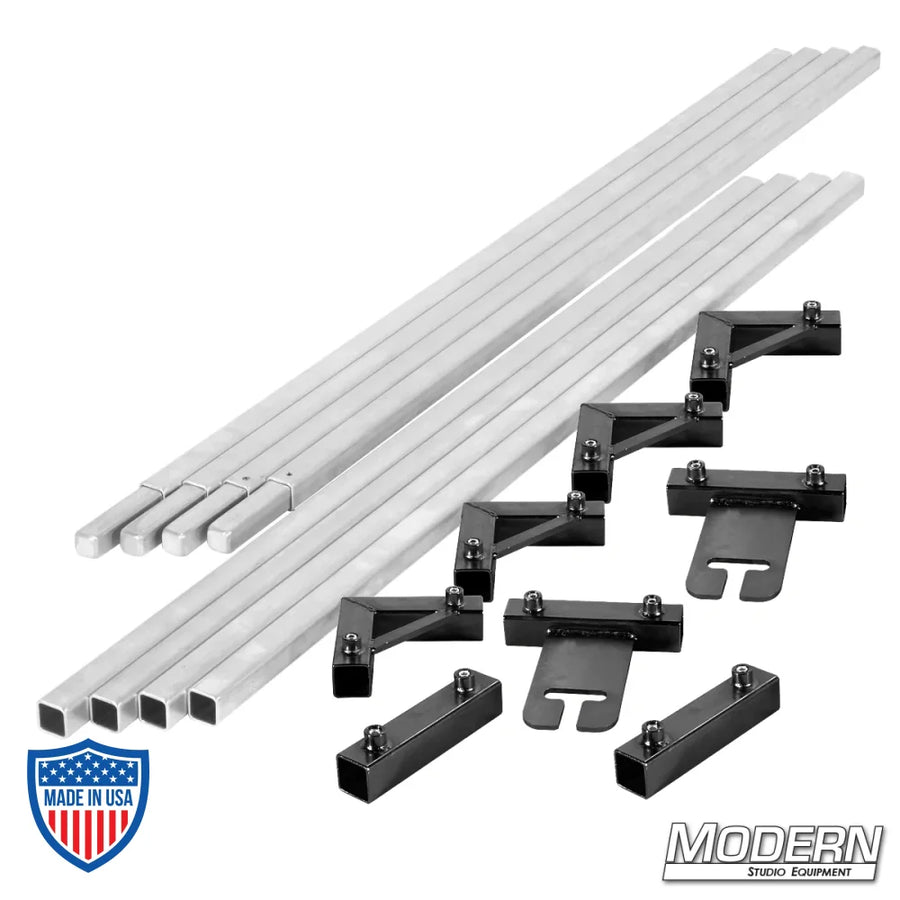1" square aluminum tube breakdown frame for film rigging with 6' tubes, corners, sliding ears, and sleeves by Modern Studio Equipment