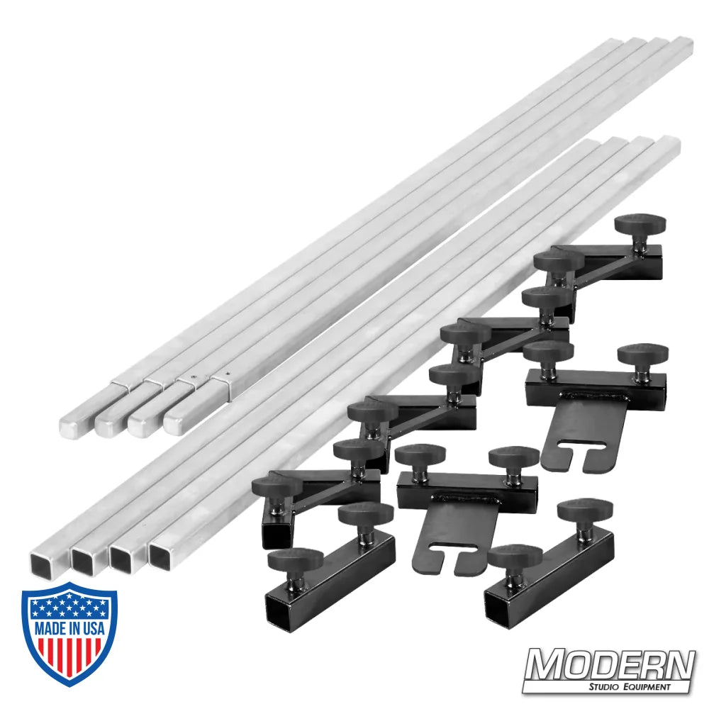 1" square aluminum tubes with T-handles and accessories for 12'x12' film grip rigging breakdown frame from Modern Studio Equipment.