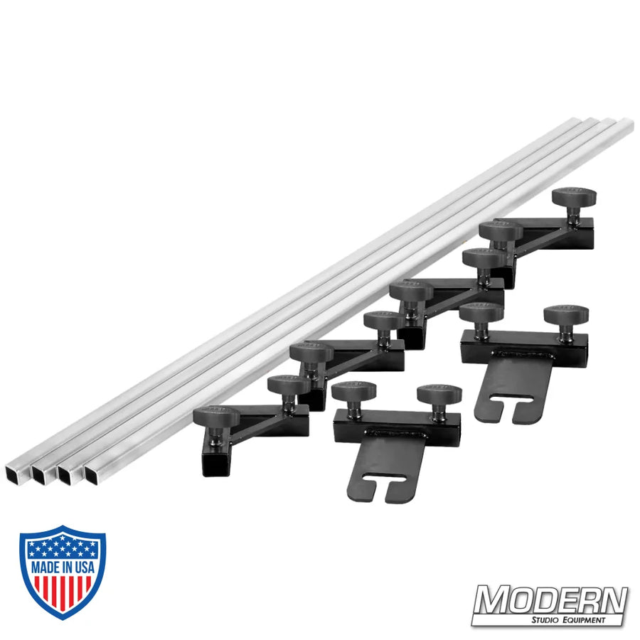 1" square tube breakdown frame with T-handles, 12'x12', includes 142" aluminum tubes, corners, sliding ears for film grip rigging