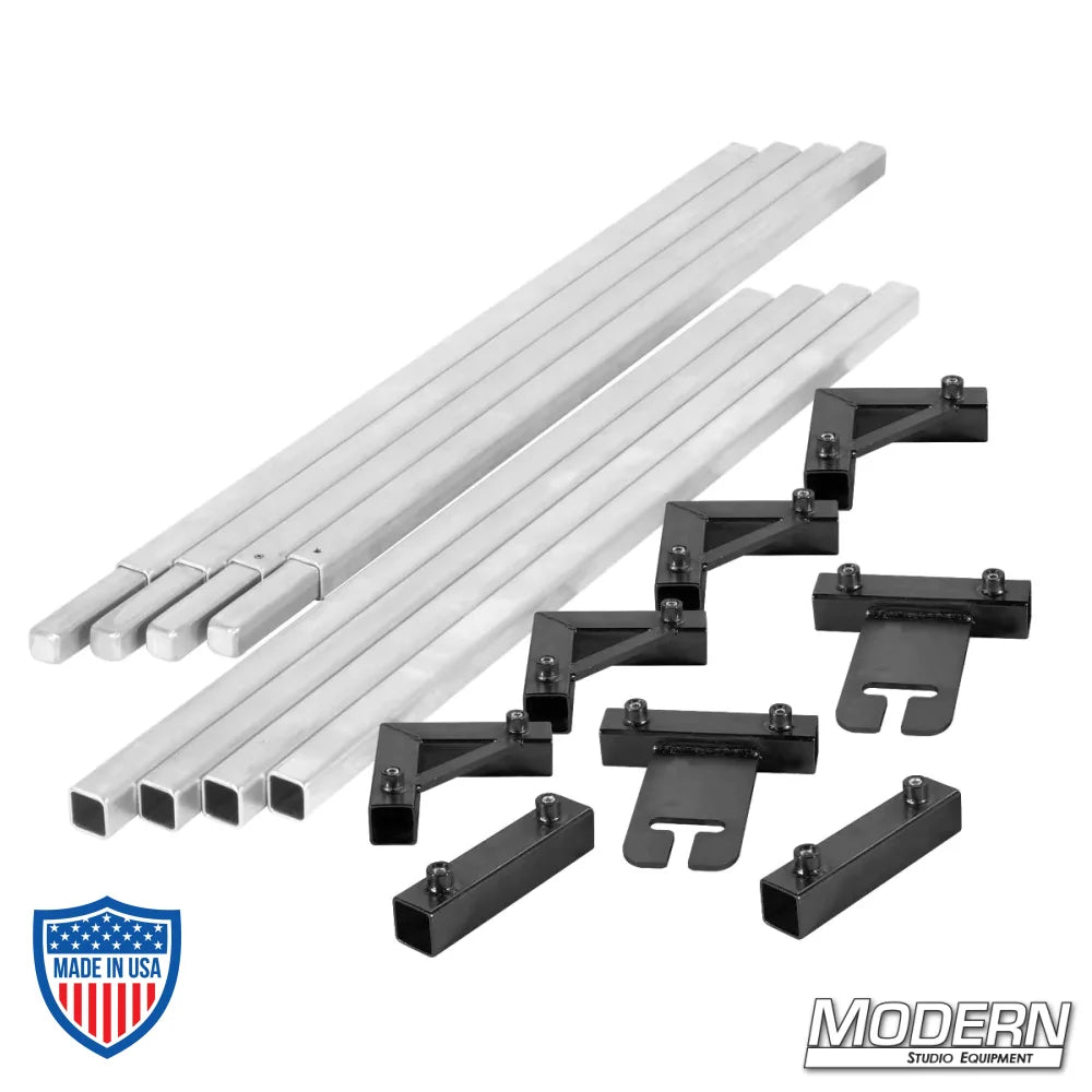 1" square aluminum tube frame kit with connectors, corners, and accessories for film grip and rigging