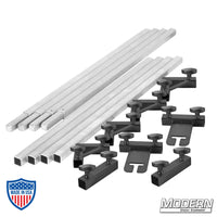 8' x 8' breakdown frame kit with 1" square aluminum tubes, corners, sliding ears, and T-handles for film grip rigging.
