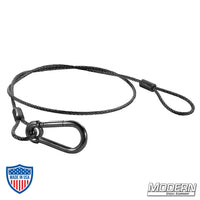 2' black coated stainless steel safety cable for film equipment rigging, heavy-duty locking design for reliable support.