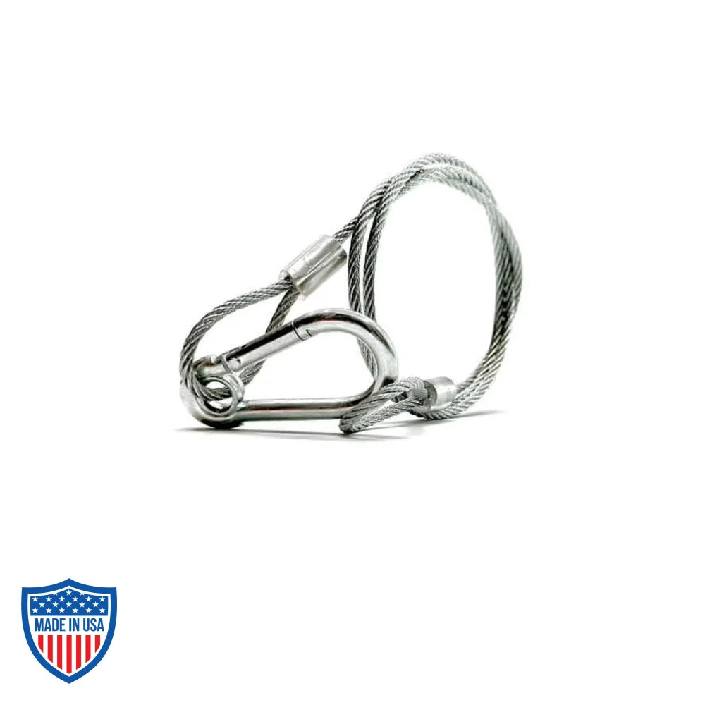 24" stainless steel safety cable for film grip rigging with heavy duty locking design.