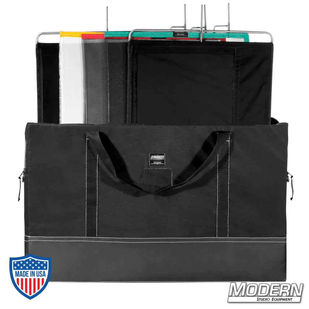 24"x36" On The Go Scrim Set for film rigging includes single, double, silk, solid, solid floppy, and flag bag in black.
