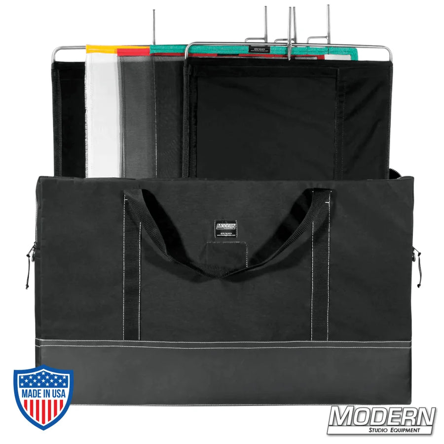 24"x36" On The Go Scrim Set for film rigging includes single, double, silk, solid, solid floppy, and flag bag in black.