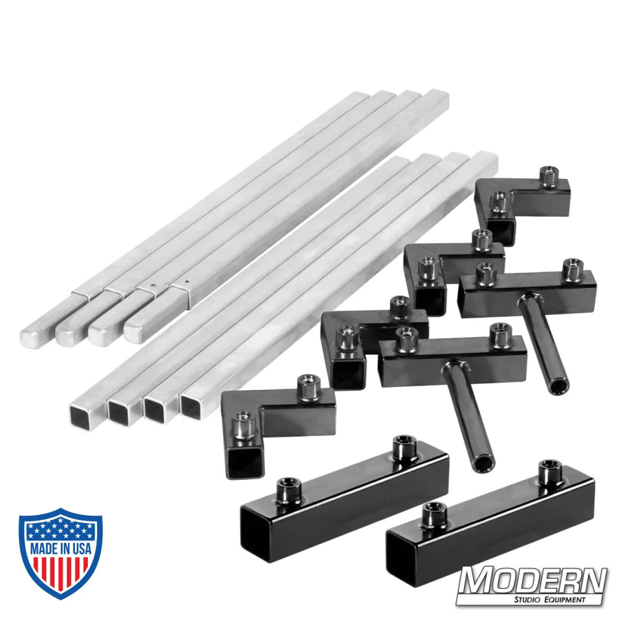 Aluminum 3/4" square tube frame components for film grip and rigging, including tubes and connectors from Modern Studio Equipment.