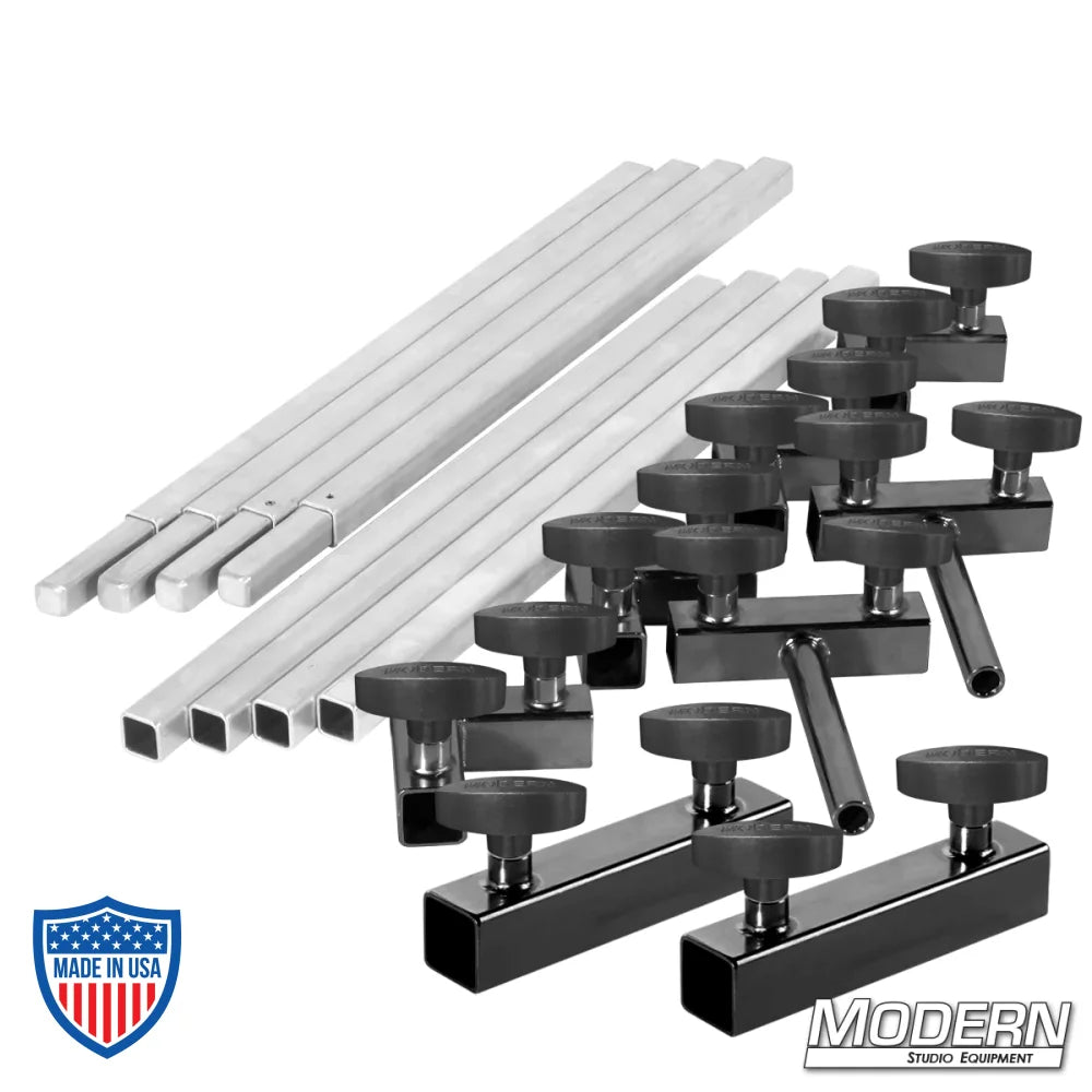 3/4" square tube 4' x 4' frame kit with T-handles, aluminum tubes, corners, sliding pins, and sleeves for film grip rigging by Modern Studio Equipment