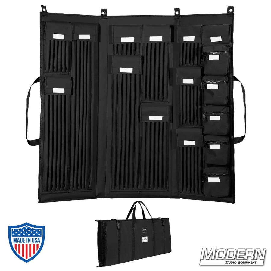3 Fold Deluxe 5/8" rod bag with multiple pockets, designed for film grip and rigging equipment, black color, corolast sides