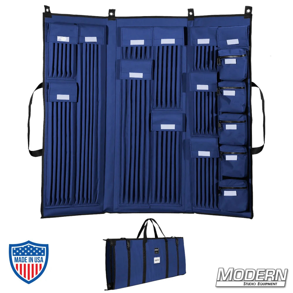 3 Fold Deluxe 5/8" rod bag in blue with multiple compartments for film grip and rigging tools, shown open and closed.