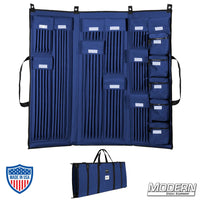 3 Fold Deluxe 5/8" rod bag in blue with multiple compartments for film grip and rigging tools, shown open and closed.
