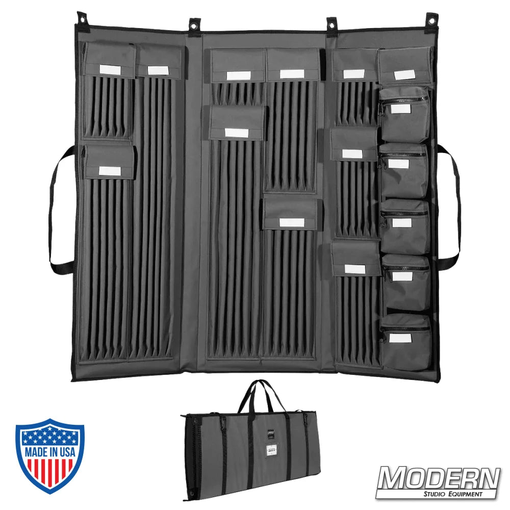 Film grip rigging 3 fold deluxe 5/8" rod bag with corolast sides in charcoal grey, fully opened and closed, by Modern Studio Equipment.
