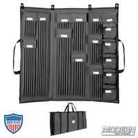 Film grip rigging 3 fold deluxe 5/8" rod bag with corolast sides in charcoal grey, fully opened and closed, by Modern Studio Equipment.